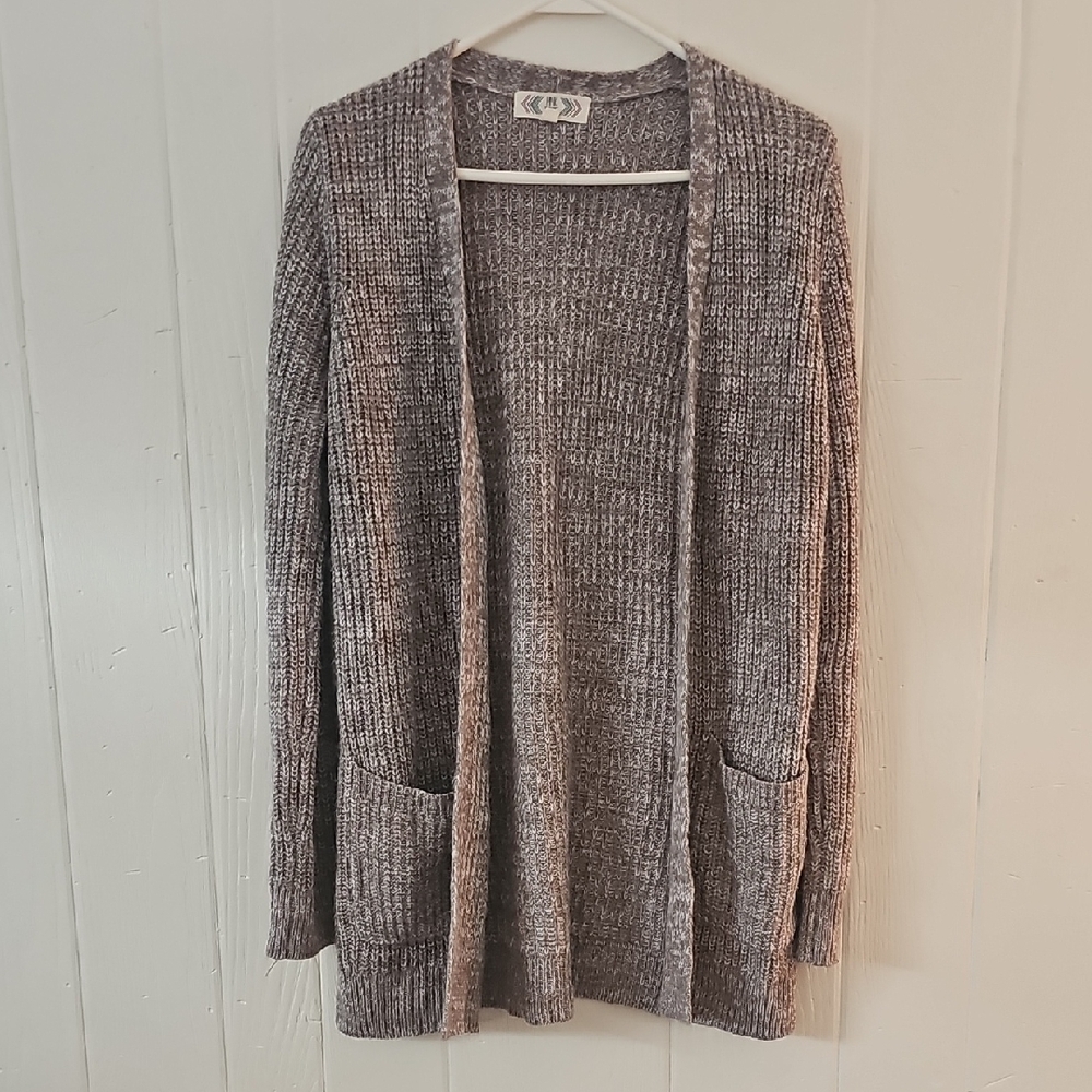 Pink Rose Gray Cardigan Sweater Open-Front Design